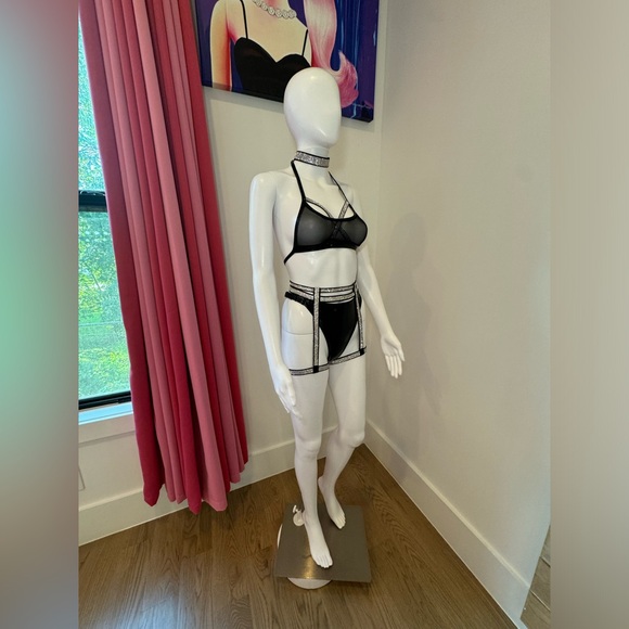 Black Vinyl Mesh Rhinestone Lingerie Set 4 Pieces, XS Custom - Picture 9 of 13